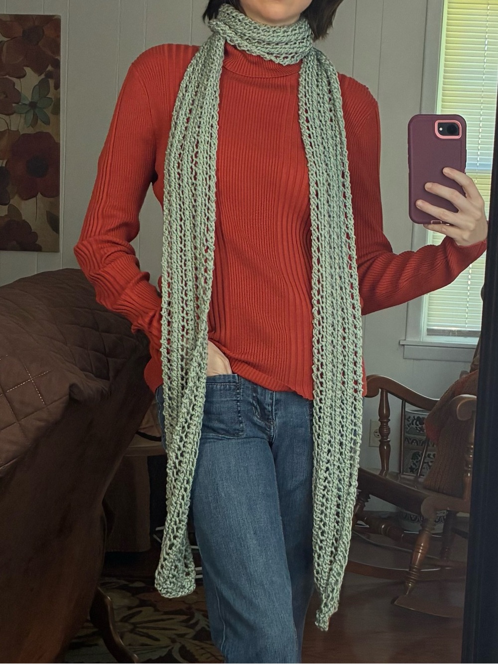 Light Sage openwork Knit Scarf - handmade vegan leather tag